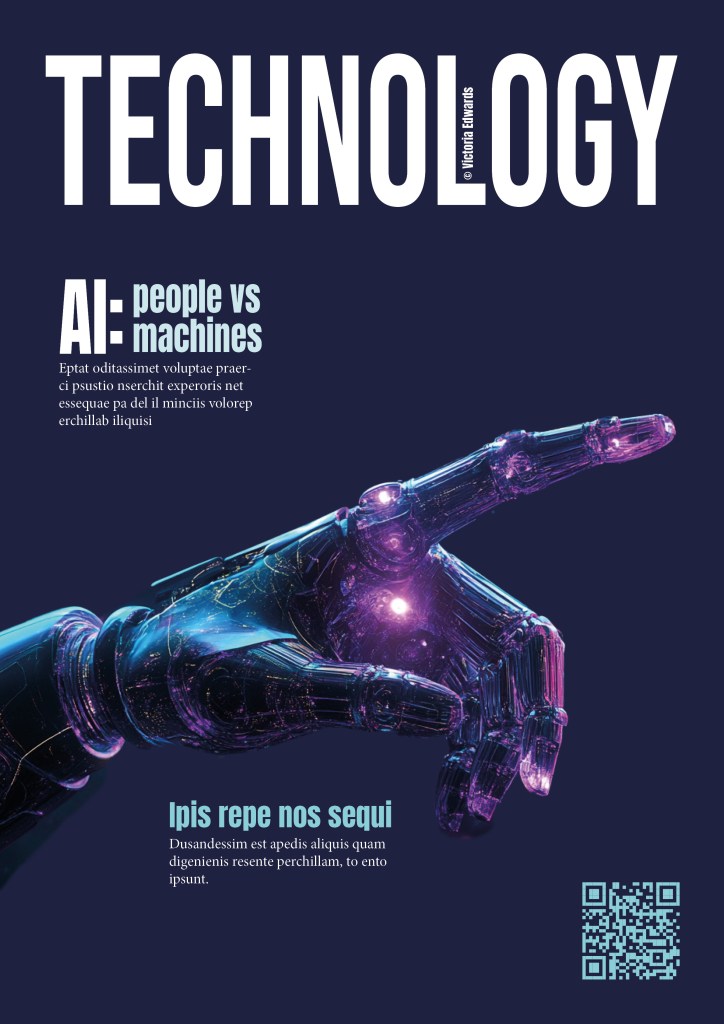 Magazine cover design of an AI robot hand with the title "Technology"